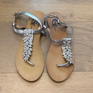 Embellished Silver T-Strap Sandals